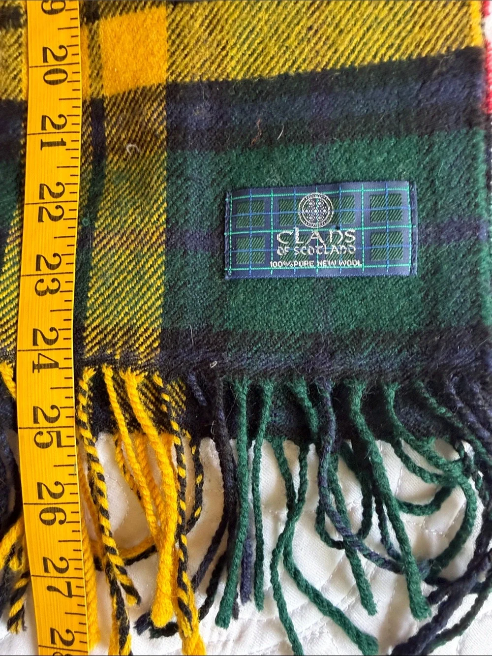 Clans of Scotland classic Tartan Wool Scarf in Green, Yellow & Red -